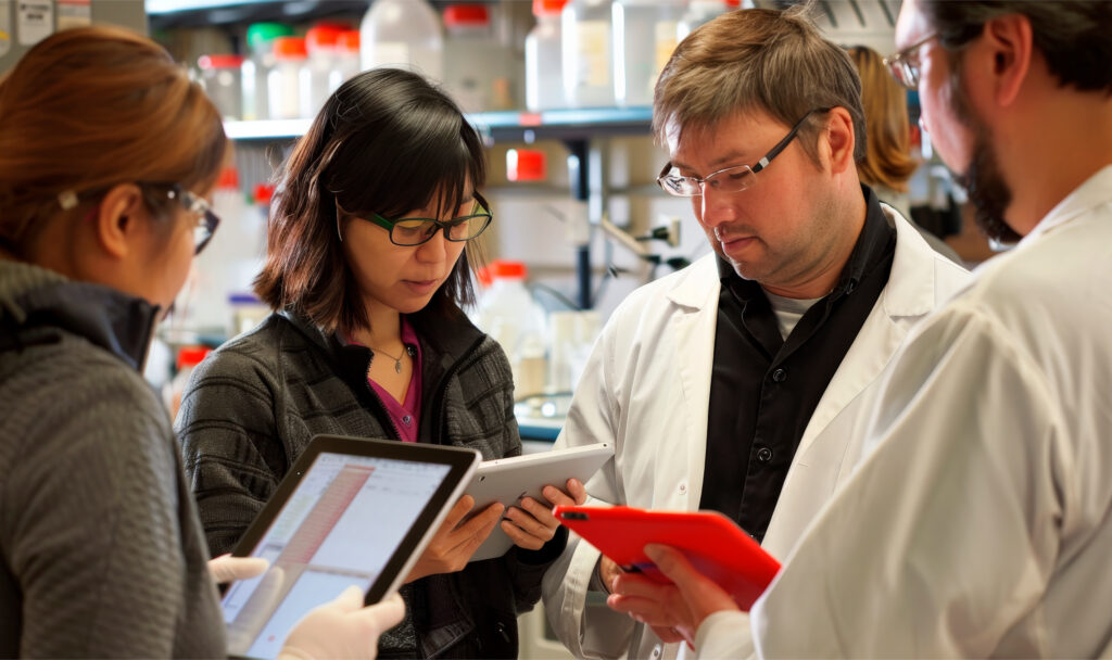 group-researchers-lab-analyzing-data-tablets-one-with-bright-red-phone-case-visible222