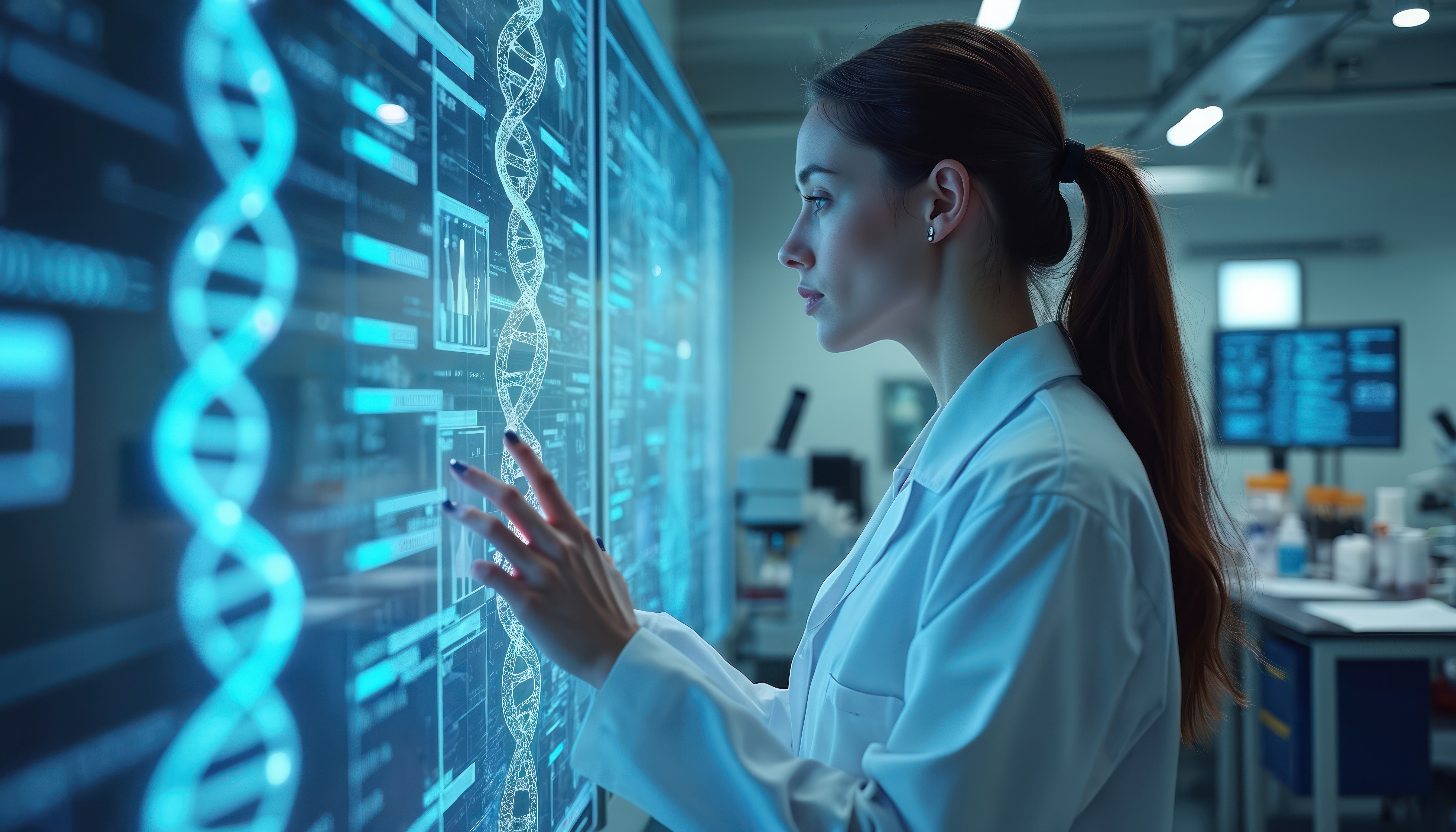 Female scientist uses digital screens analyzing DNA in a modern lab. Genetics, genomics research, medical innovation, cutting edge tech in science lab. Biotechnology, bioinformatics.