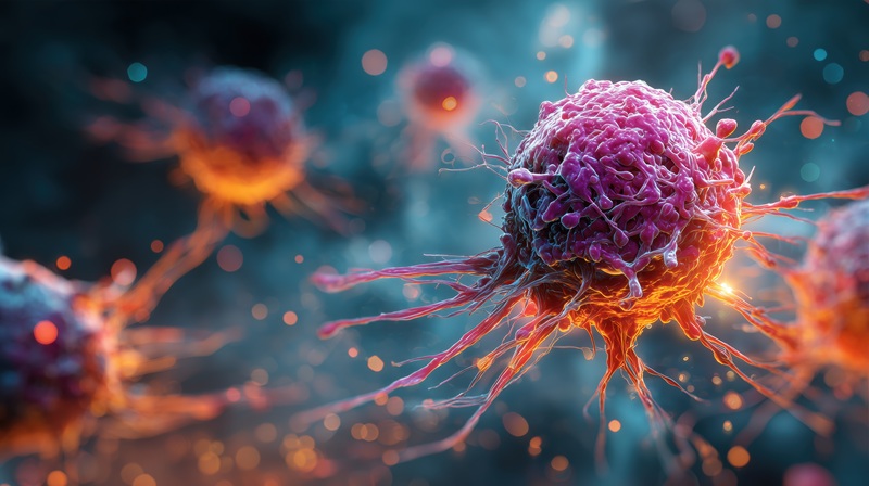 Tumor cells, generative ai illustration. Abnormal human cells showing malignant growth, linked to cancer development and progression.