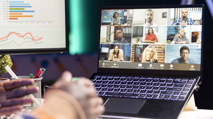 African american male freelancer attends virtual meeting call with clients