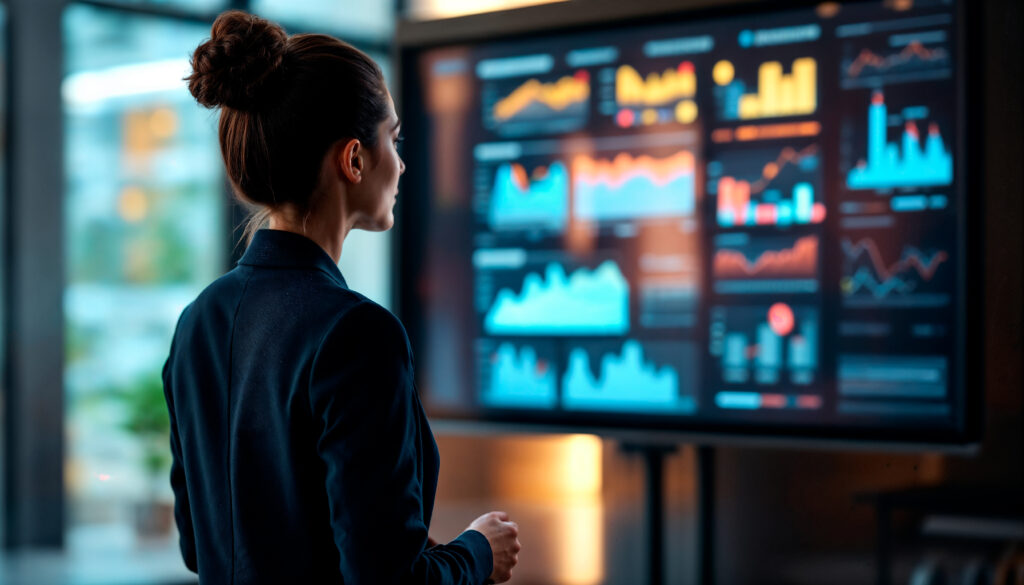 woman-stands-front-screen-with-graphs-showing-graphs-graphs